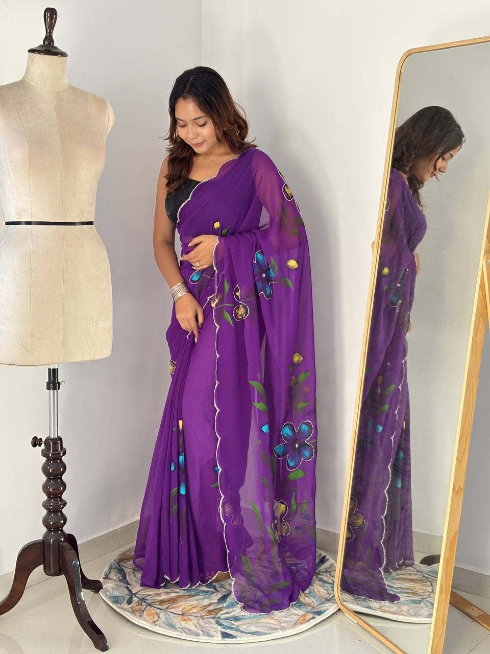 Bloom Royale Hand-Painted Chiffon Saree with Artistic Floral Motifs  (Multiple Exquisite Color Variants Available)