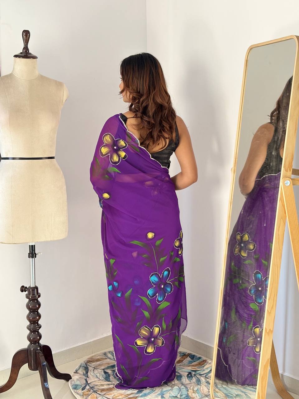 Bloom Royale Hand-Painted Chiffon Saree with Artistic Floral Motifs  (Multiple Exquisite Color Variants Available)