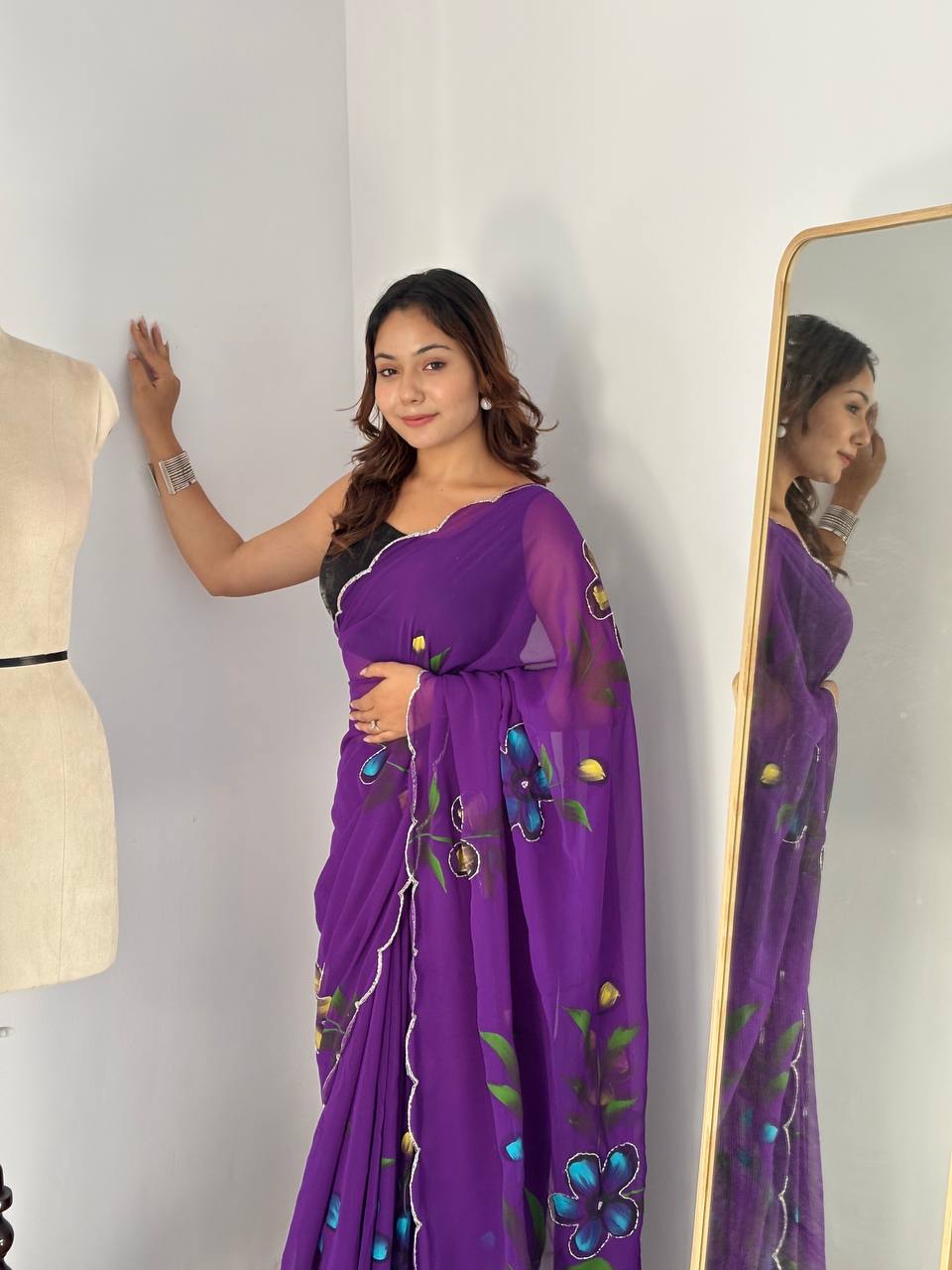 Bloom Royale Hand-Painted Chiffon Saree with Artistic Floral Motifs  (Multiple Exquisite Color Variants Available)