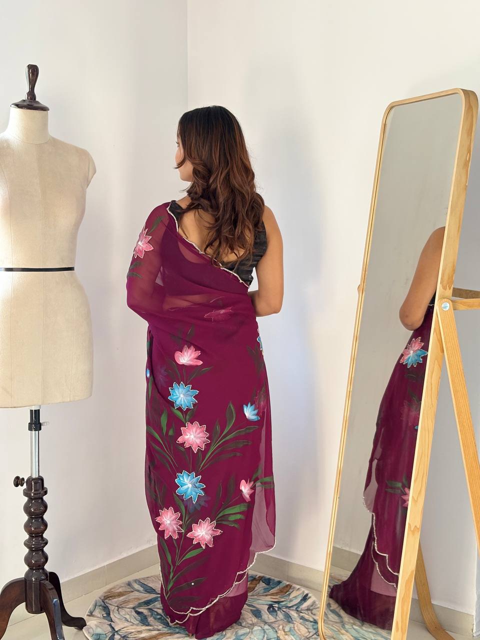 Bloom Royale Hand-Painted Chiffon Saree with Artistic Floral Motifs  (Multiple Exquisite Color Variants Available)