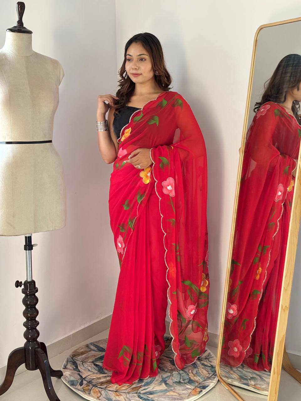 Bloom Royale Hand-Painted Chiffon Saree with Artistic Floral Motifs  (Multiple Exquisite Color Variants Available)