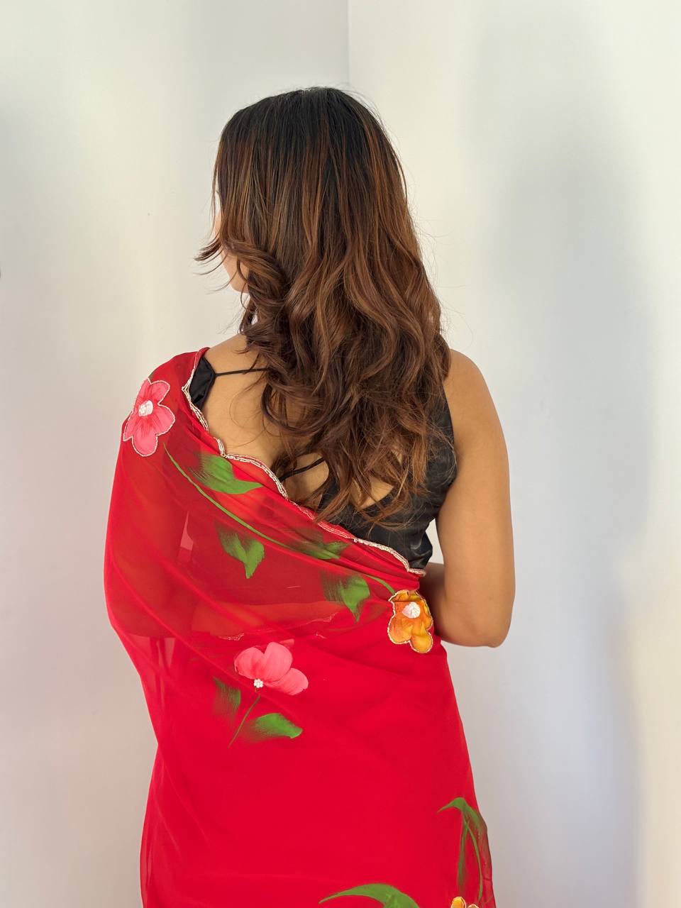 Bloom Royale Hand-Painted Chiffon Saree with Artistic Floral Motifs  (Multiple Exquisite Color Variants Available)