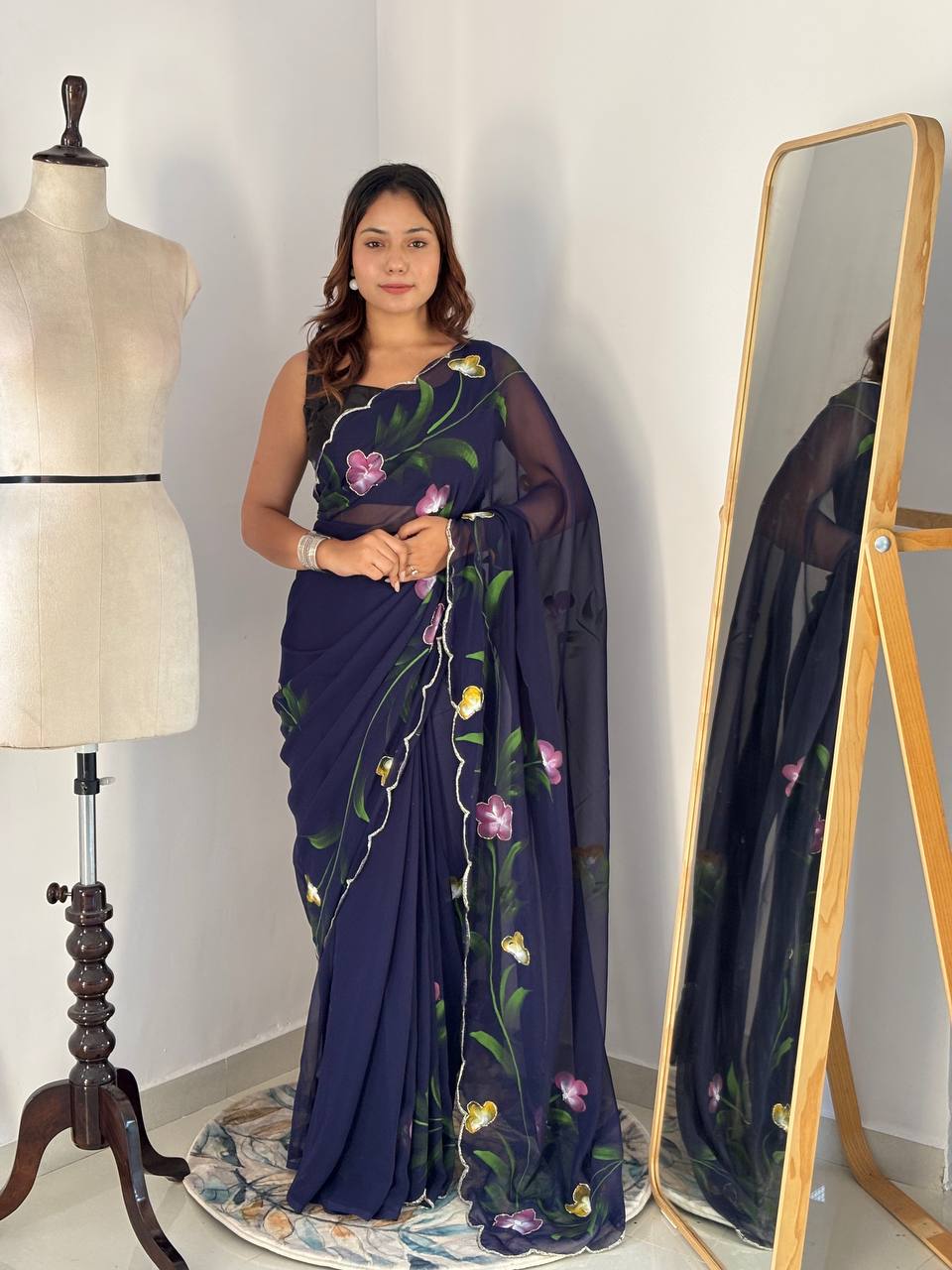 Bloom Royale Hand-Painted Chiffon Saree with Artistic Floral Motifs  (Multiple Exquisite Color Variants Available)