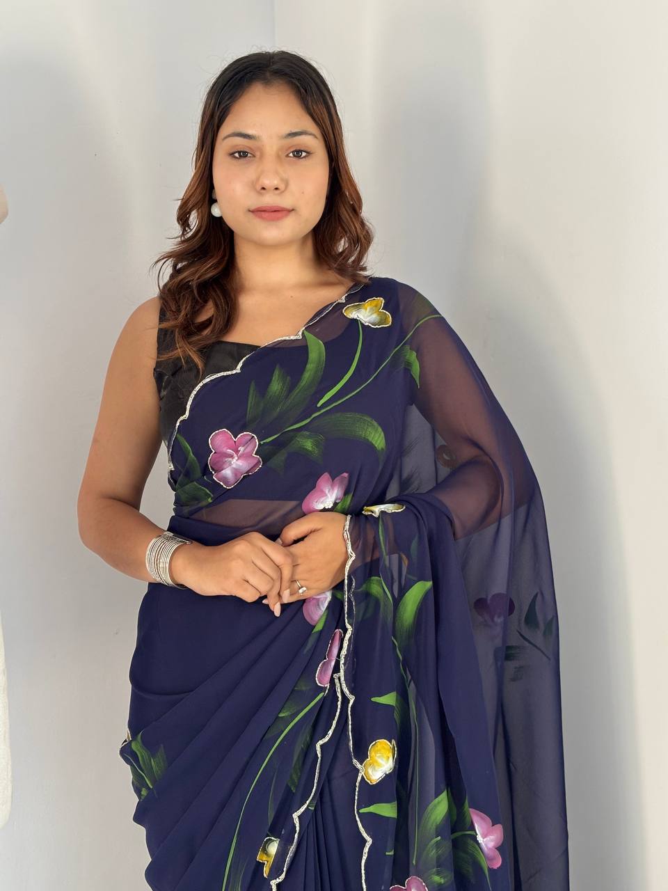 Bloom Royale Hand-Painted Chiffon Saree with Artistic Floral Motifs  (Multiple Exquisite Color Variants Available)