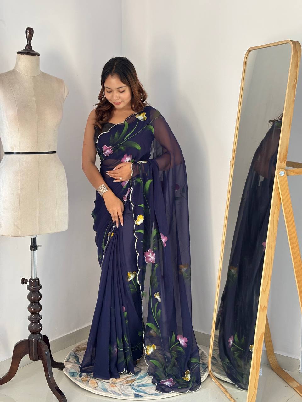 Bloom Royale Hand-Painted Chiffon Saree with Artistic Floral Motifs  (Multiple Exquisite Color Variants Available)