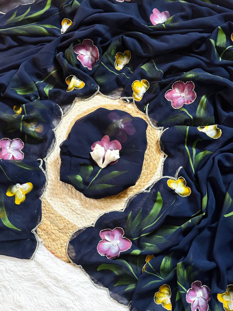 Bloom Royale Hand-Painted Chiffon Saree with Artistic Floral Motifs  (Multiple Exquisite Color Variants Available)