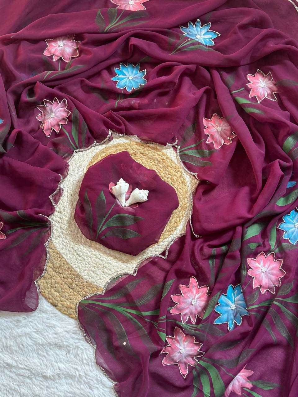 Bloom Royale Hand-Painted Chiffon Saree with Artistic Floral Motifs  (Multiple Exquisite Color Variants Available)