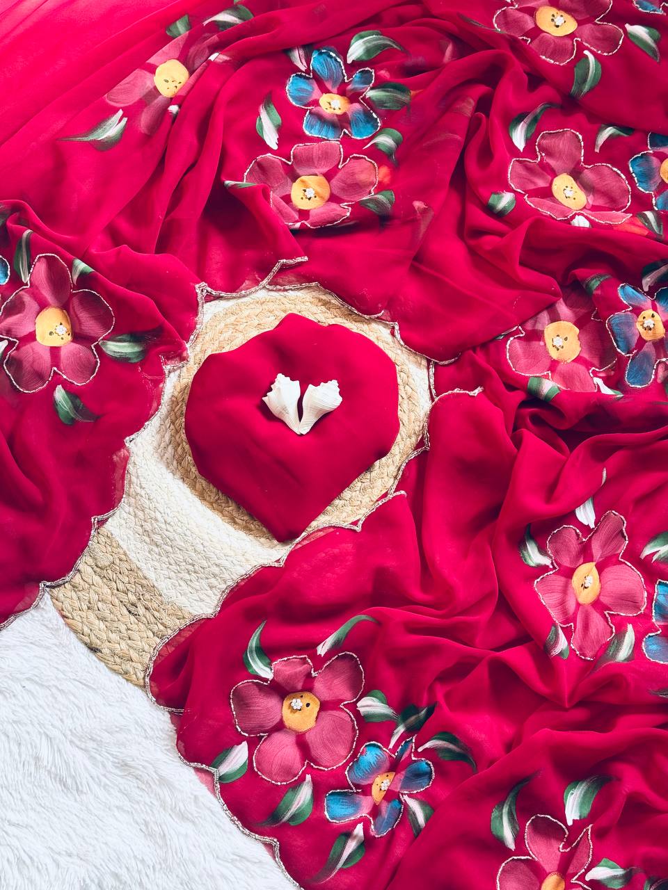 Bloom Royale Hand-Painted Chiffon Saree with Artistic Floral Motifs  (Multiple Exquisite Color Variants Available)