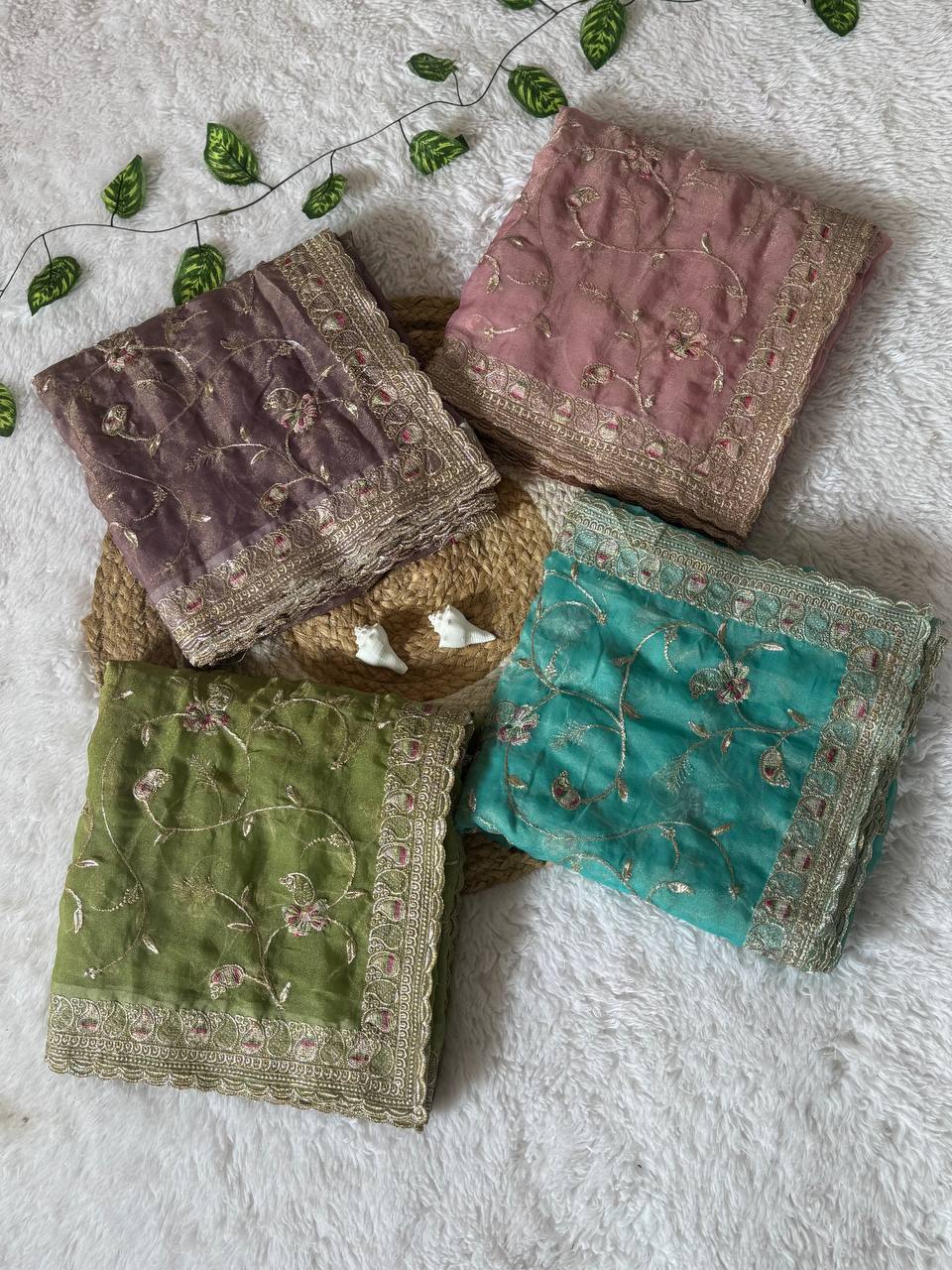 Premium Hand-Embroidered Floral Organza Saree with Designer Blouse (4 Elegant Color Options)