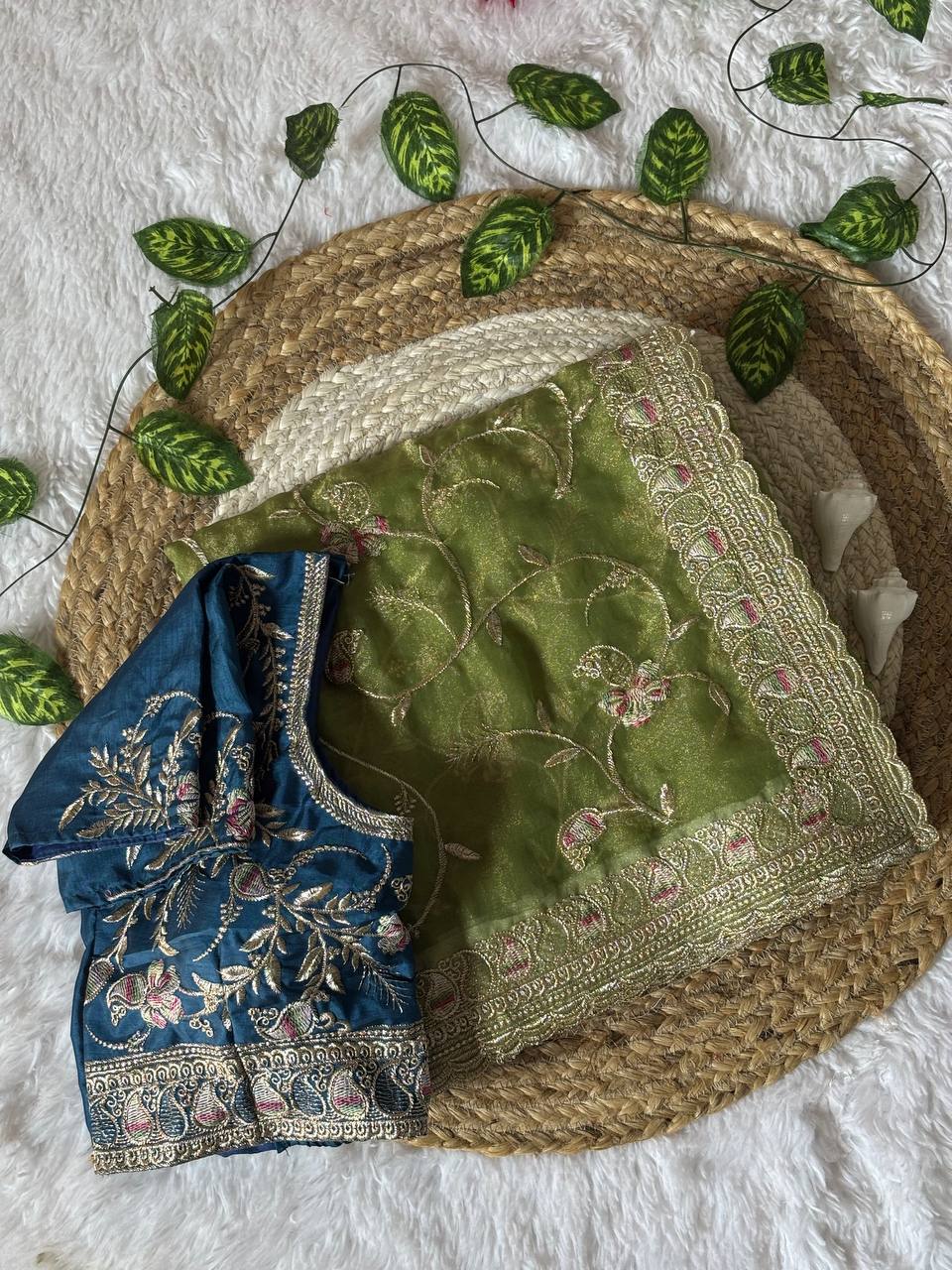 Premium Hand-Embroidered Floral Organza Saree with Designer Blouse (4 Elegant Color Options)