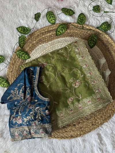 Premium Hand-Embroidered Floral Organza Saree with Designer Blouse (4 Elegant Color Options)