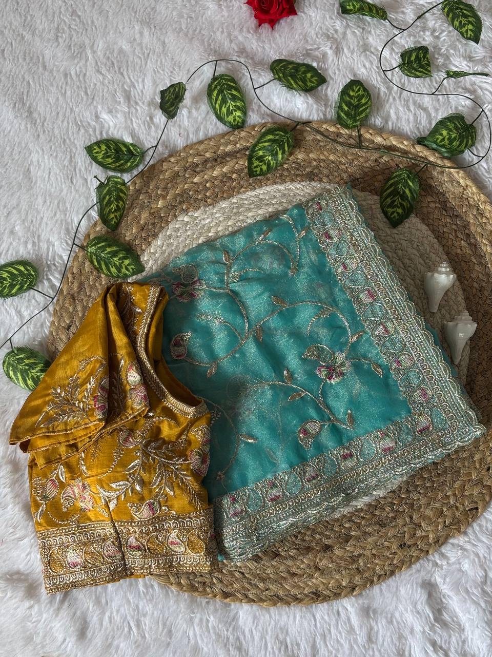 Premium Hand-Embroidered Floral Organza Saree with Designer Blouse (4 Elegant Color Options)