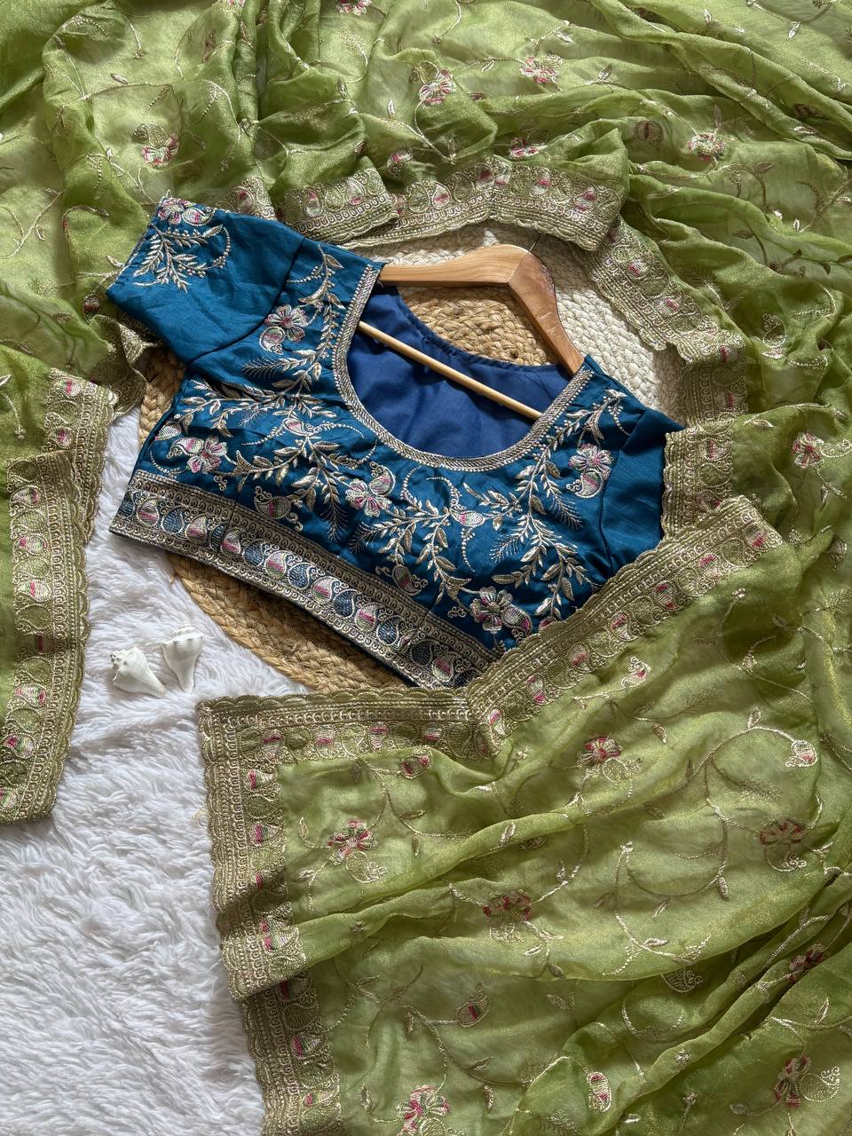 Premium Hand-Embroidered Floral Organza Saree with Designer Blouse (4 Elegant Color Options)