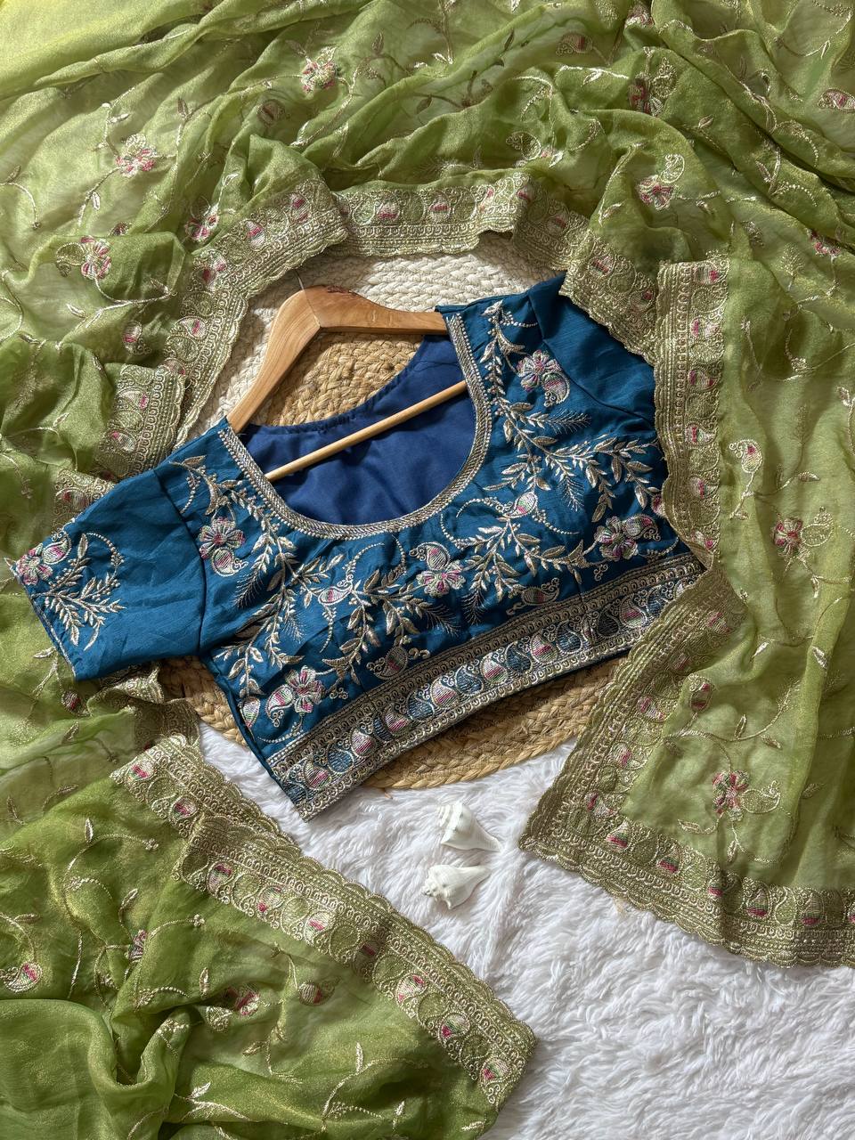 Premium Hand-Embroidered Floral Organza Saree with Designer Blouse (4 Elegant Color Options)