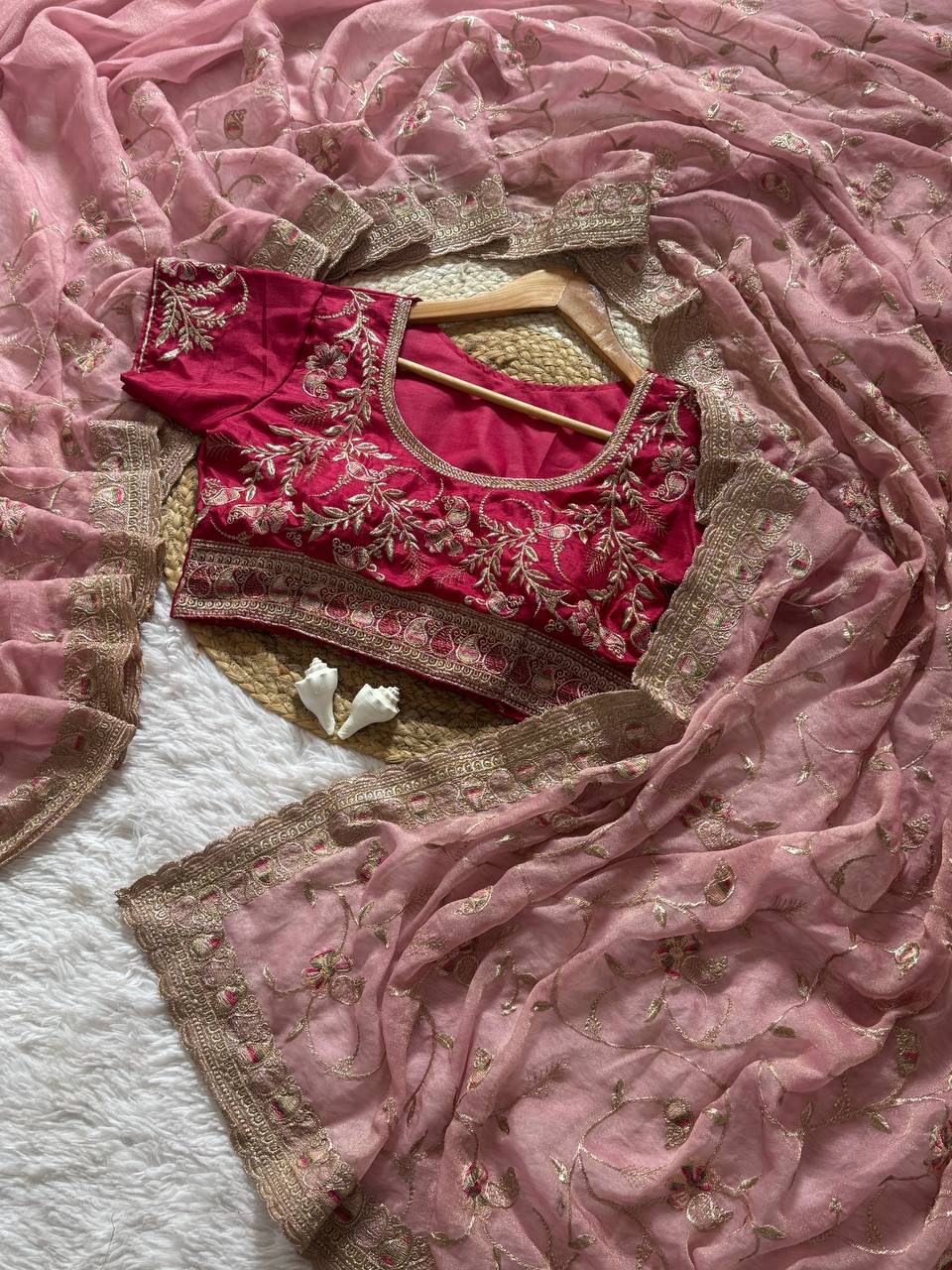 Premium Hand-Embroidered Floral Organza Saree with Designer Blouse (4 Elegant Color Options)