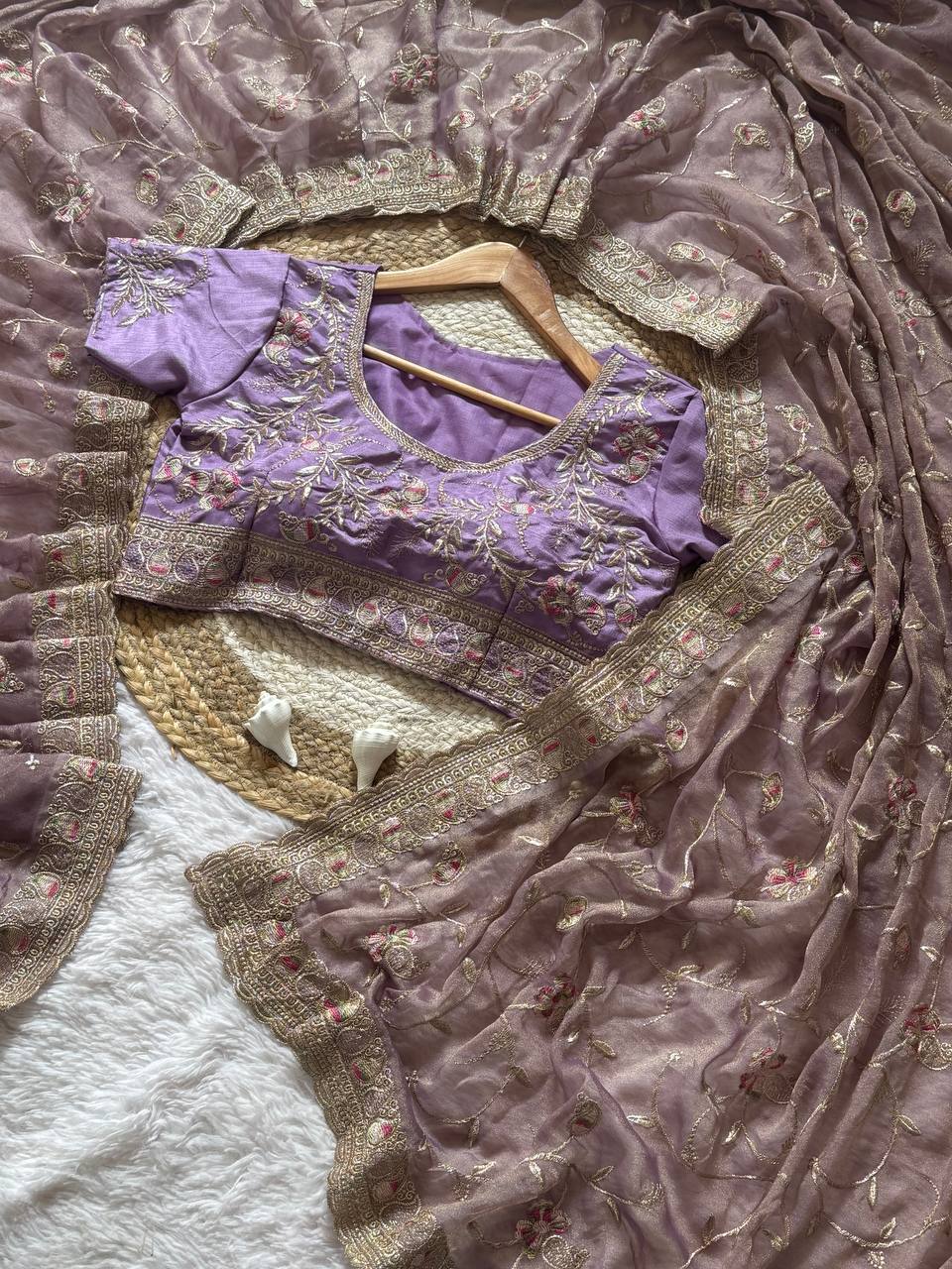 Premium Hand-Embroidered Floral Organza Saree with Designer Blouse (4 Elegant Color Options)