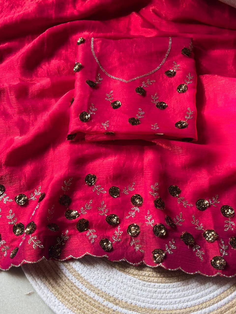 Luxury Hand-Embroidered Chiffon Saree with Designer Blouse (6 Royal Shades)