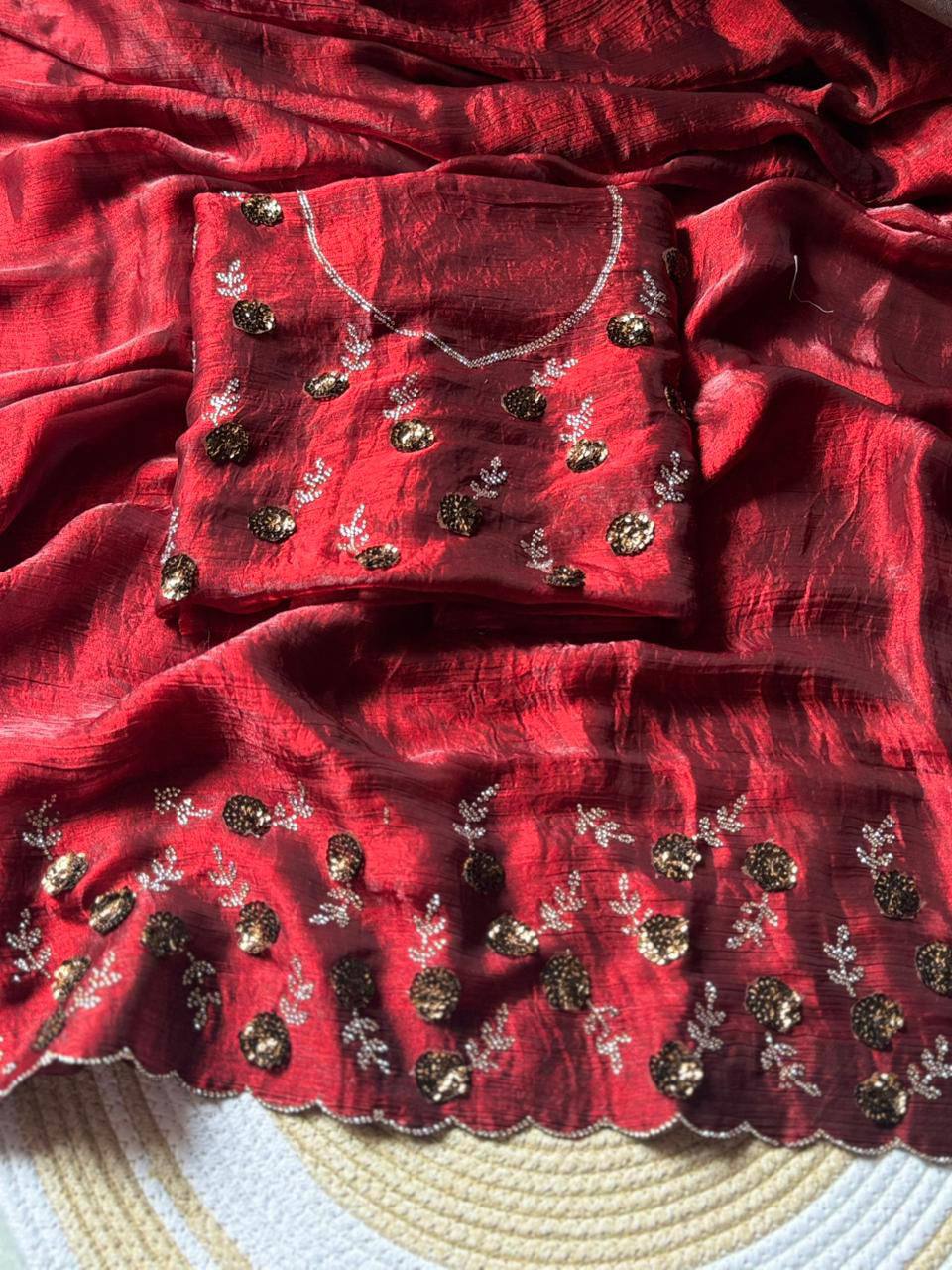 Luxury Hand-Embroidered Chiffon Saree with Designer Blouse (6 Royal Shades)