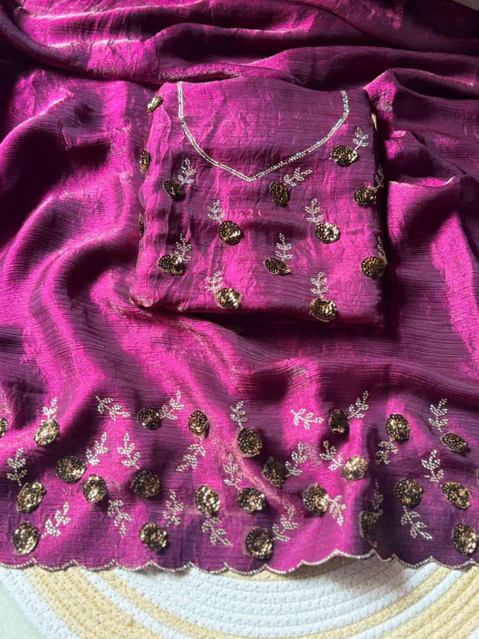 Luxury Hand-Embroidered Chiffon Saree with Designer Blouse (6 Royal Shades)