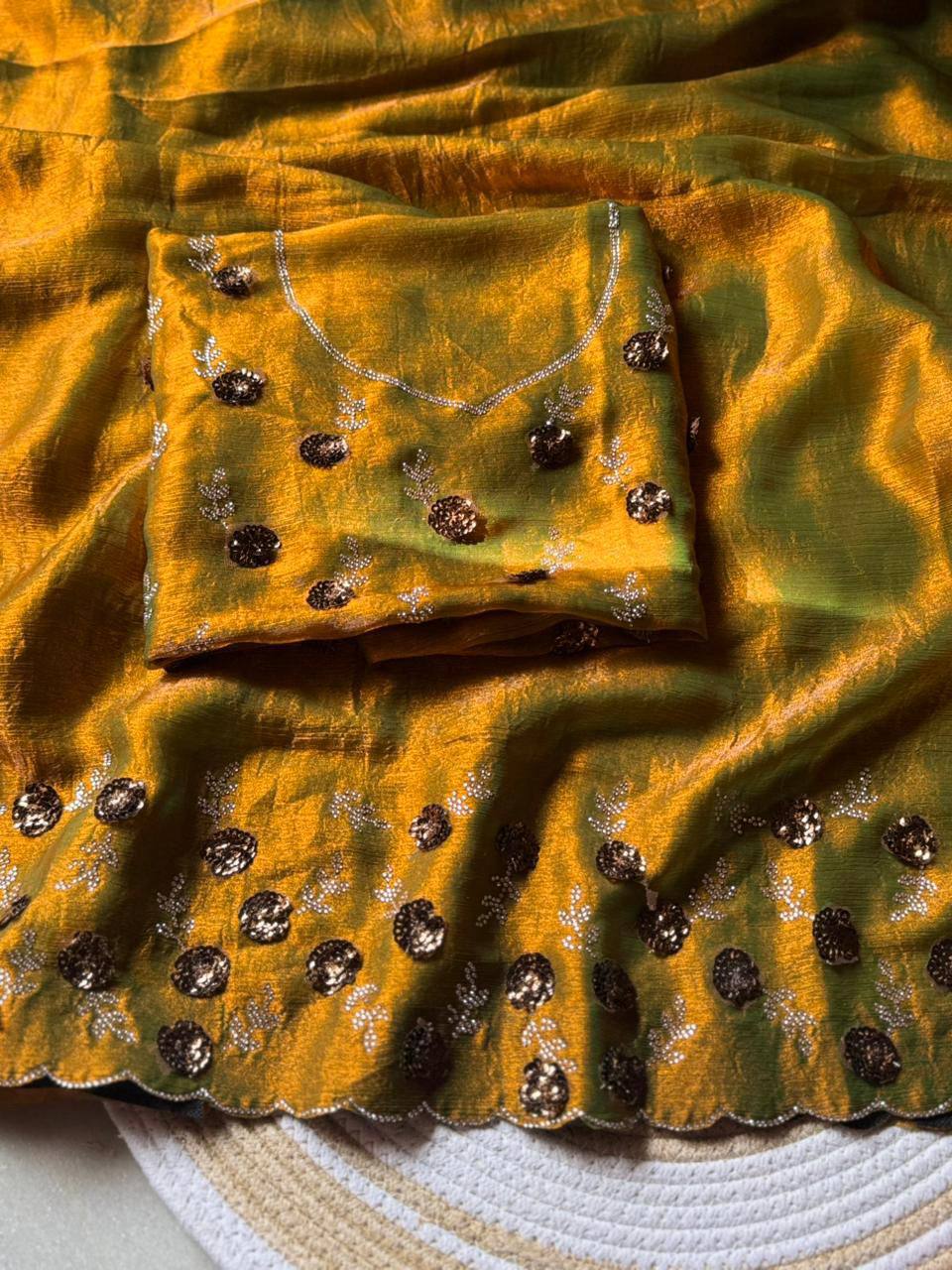 Luxury Hand-Embroidered Chiffon Saree with Designer Blouse (6 Royal Shades)