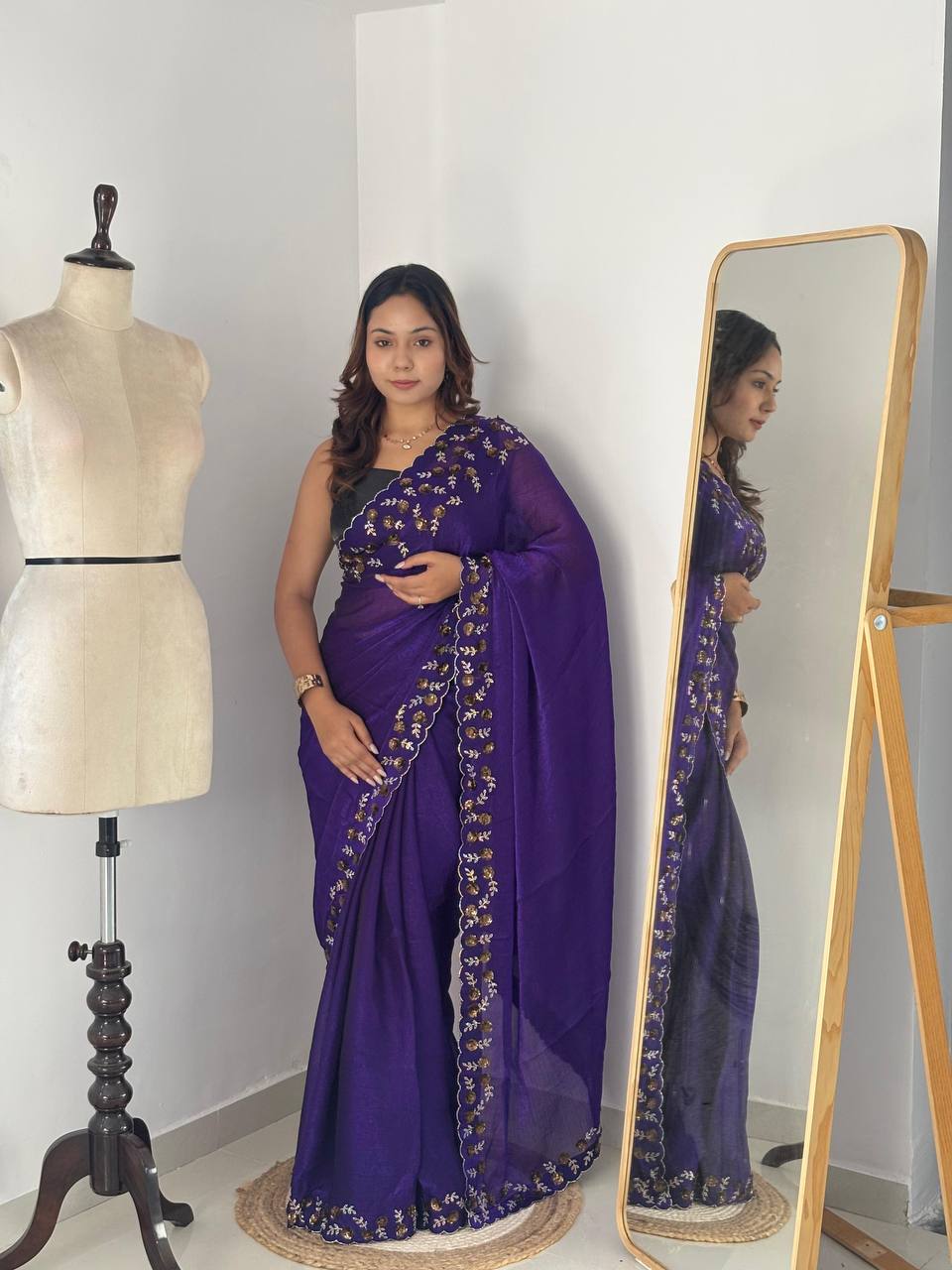 Luxury Hand-Embroidered Chiffon Saree with Designer Blouse (6 Royal Shades)