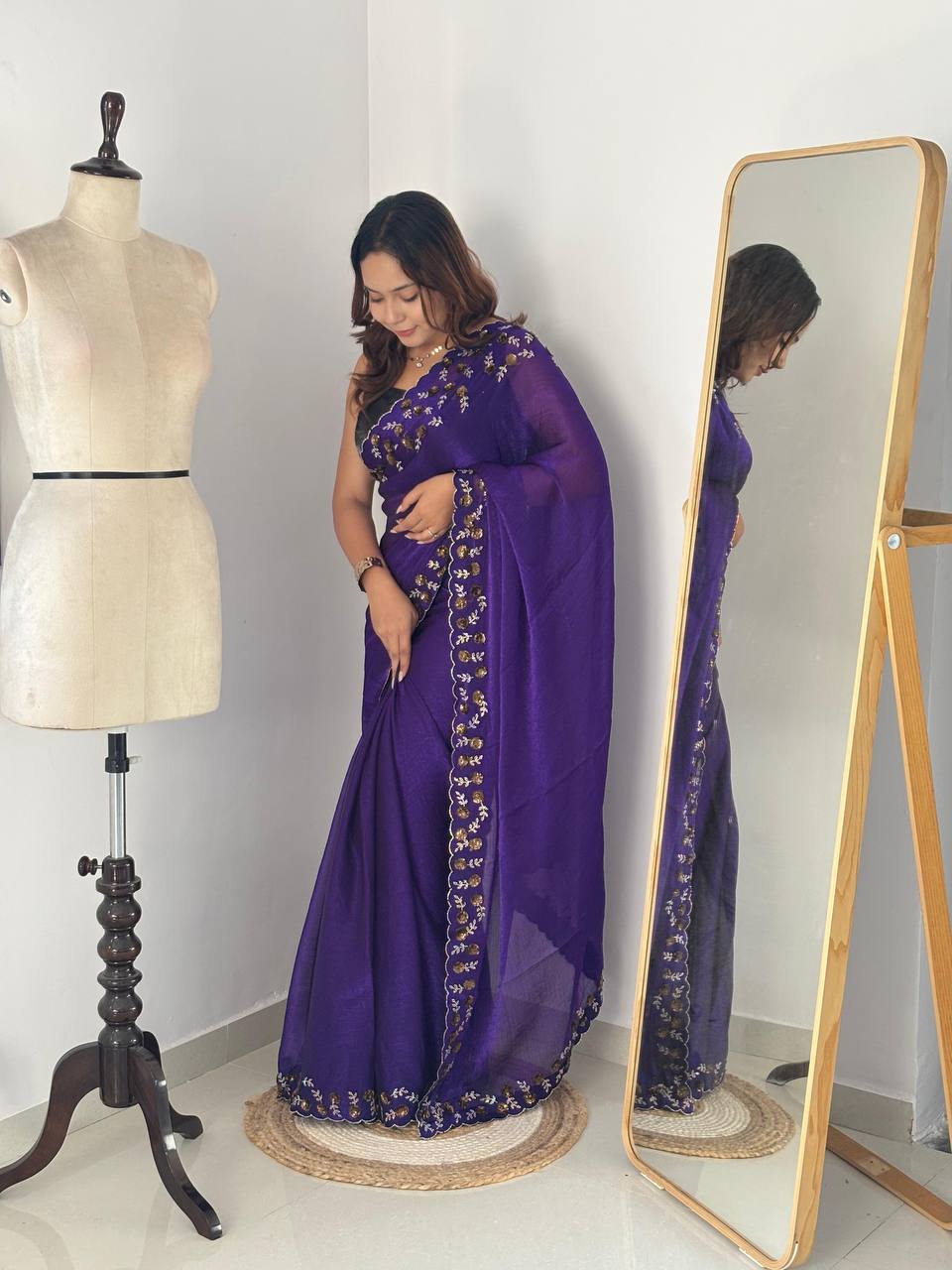 Luxury Hand-Embroidered Chiffon Saree with Designer Blouse (6 Royal Shades)