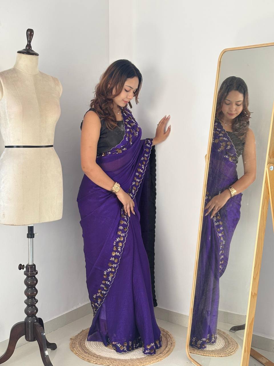 Luxury Hand-Embroidered Chiffon Saree with Designer Blouse (6 Royal Shades)
