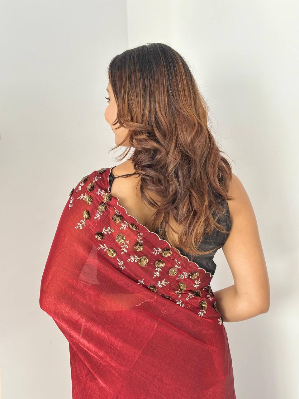 Luxury Hand-Embroidered Chiffon Saree with Designer Blouse (6 Royal Shades)