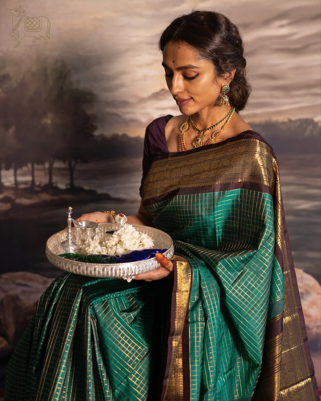 Royal Emerald Green & Coffee Brown Banarasi Silk Saree with Rich Gold Zari Border | Premium Traditional & Wedding Wear