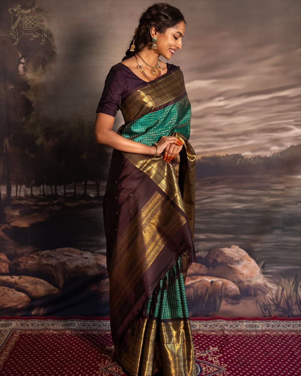 Royal Emerald Green & Coffee Brown Banarasi Silk Saree with Rich Gold Zari Border | Premium Traditional & Wedding Wear