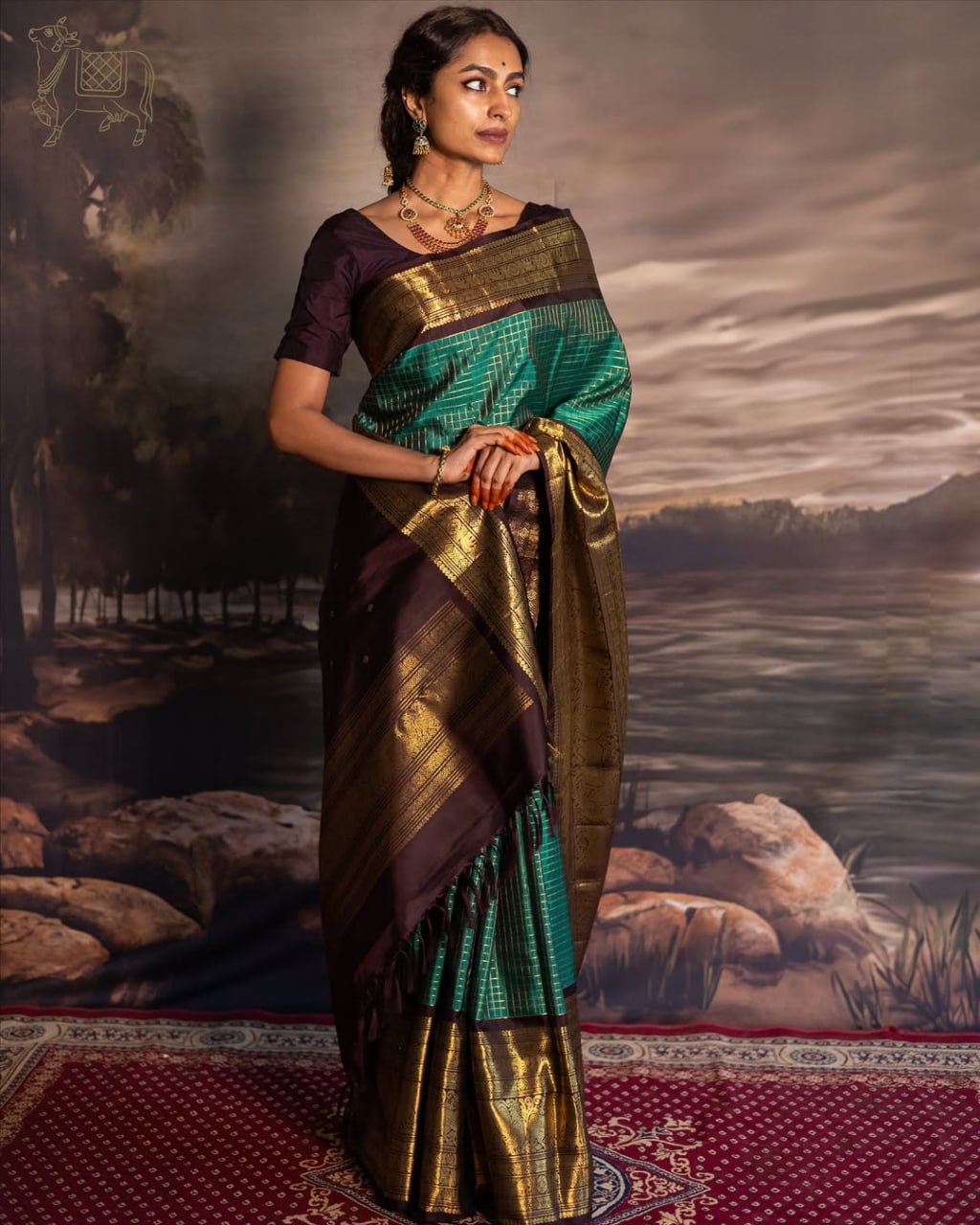 Royal Emerald Green & Coffee Brown Banarasi Silk Saree with Rich Gold Zari Border | Premium Traditional & Wedding Wear