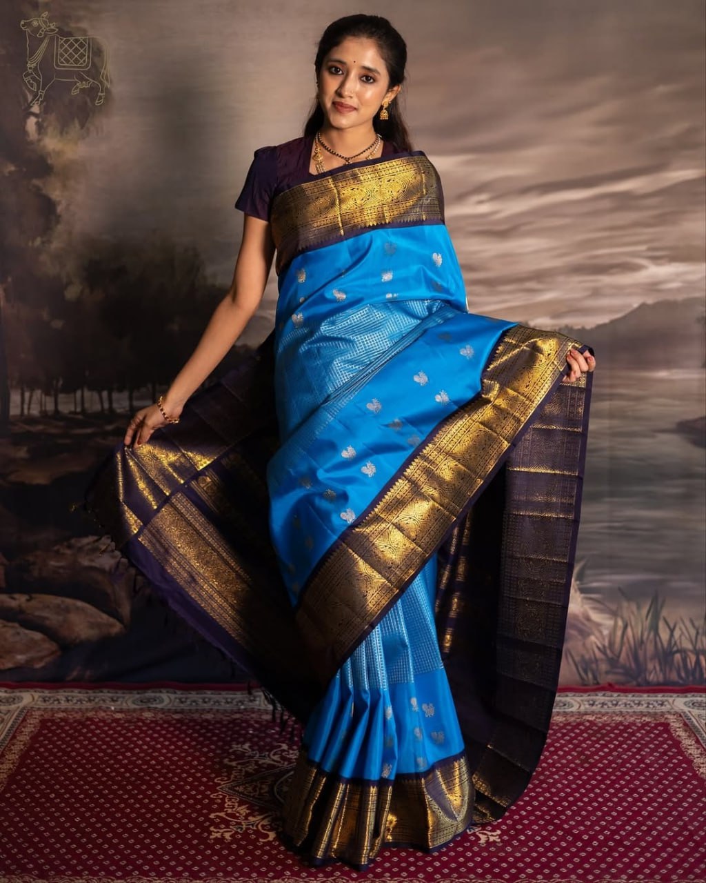 Royal Sky Blue & Navy Contrast Banarasi Silk Saree with Rich Gold Zari Border | Premium Festive & Wedding Wear