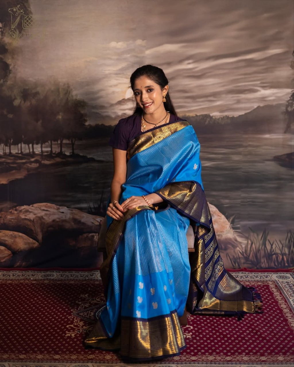 Royal Sky Blue & Navy Contrast Banarasi Silk Saree with Rich Gold Zari Border | Premium Festive & Wedding Wear