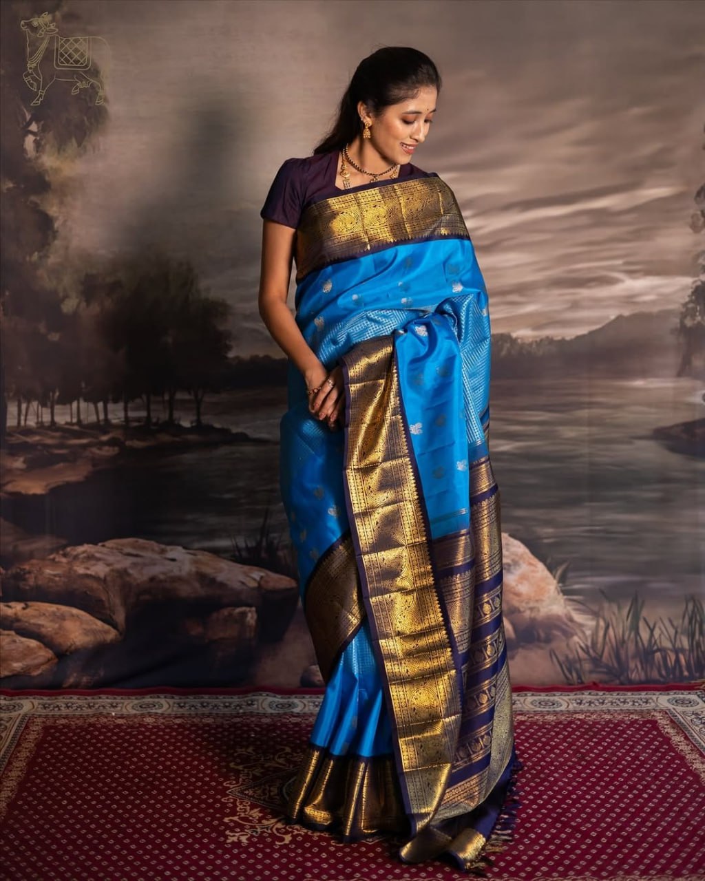 Royal Sky Blue & Navy Contrast Banarasi Silk Saree with Rich Gold Zari Border | Premium Festive & Wedding Wear