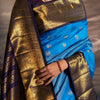 Royal Sky Blue & Navy Contrast Banarasi Silk Saree with Rich Gold Zari Border | Premium Festive & Wedding Wear
