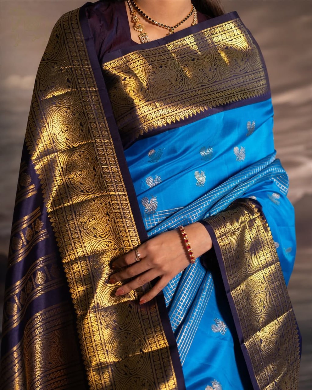 Royal Sky Blue & Navy Contrast Banarasi Silk Saree with Rich Gold Zari Border | Premium Festive & Wedding Wear