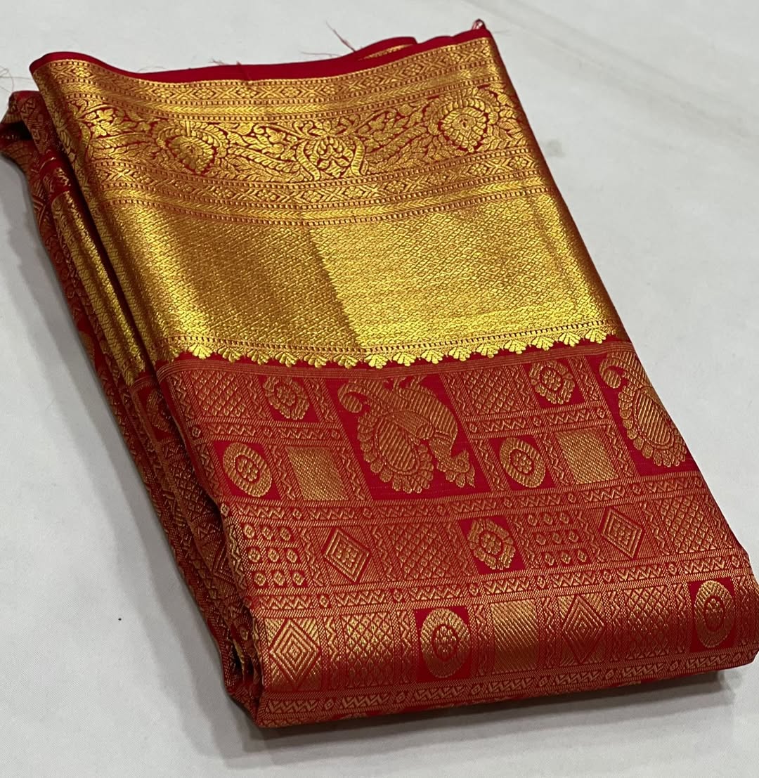 Royal Red Banarasi Silk Saree with Grand Peacock Zari Weaving & Heavy Gold Border | Bridal & Wedding Wear