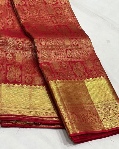 Royal Red Banarasi Silk Saree with Grand Peacock Zari Weaving & Heavy Gold Border | Bridal & Wedding Wear