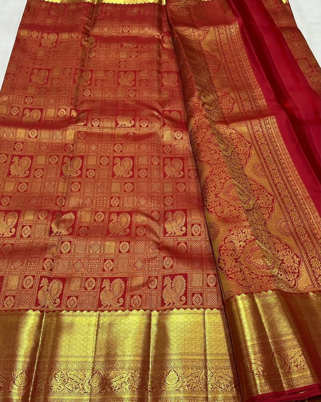 Royal Red Banarasi Silk Saree with Grand Peacock Zari Weaving & Heavy Gold Border | Bridal & Wedding Wear