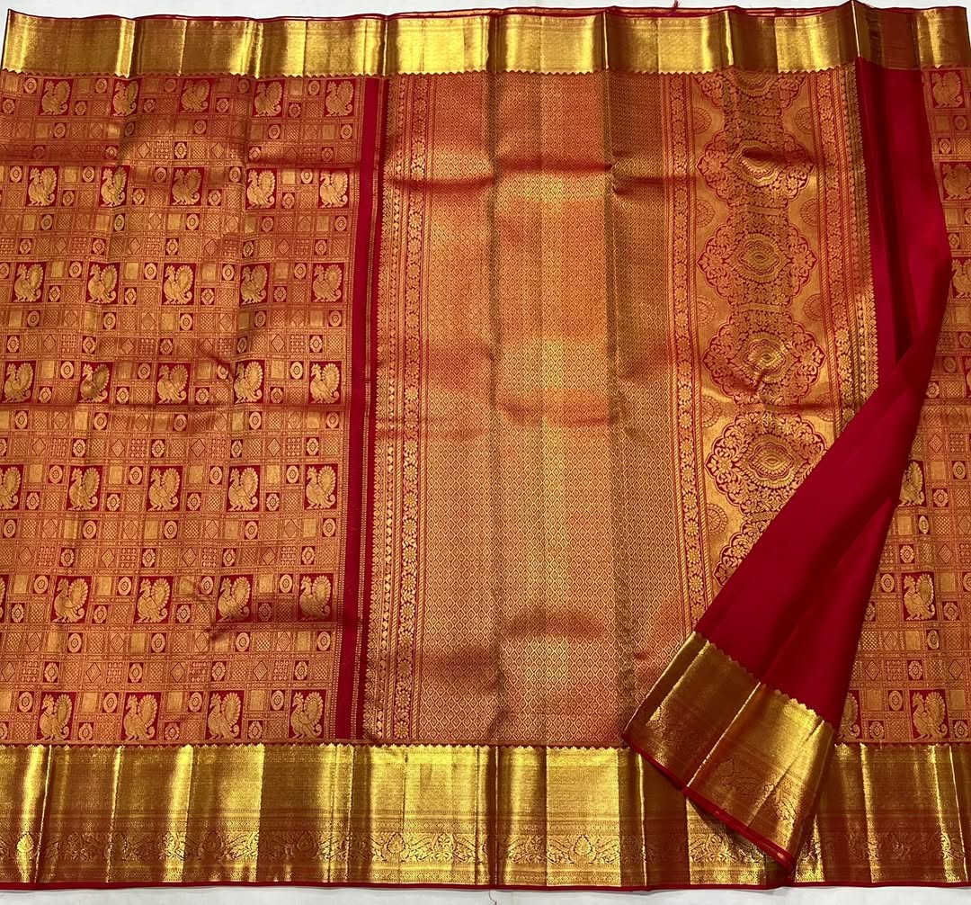 Royal Red Banarasi Silk Saree with Grand Peacock Zari Weaving & Heavy Gold Border | Bridal & Wedding Wear