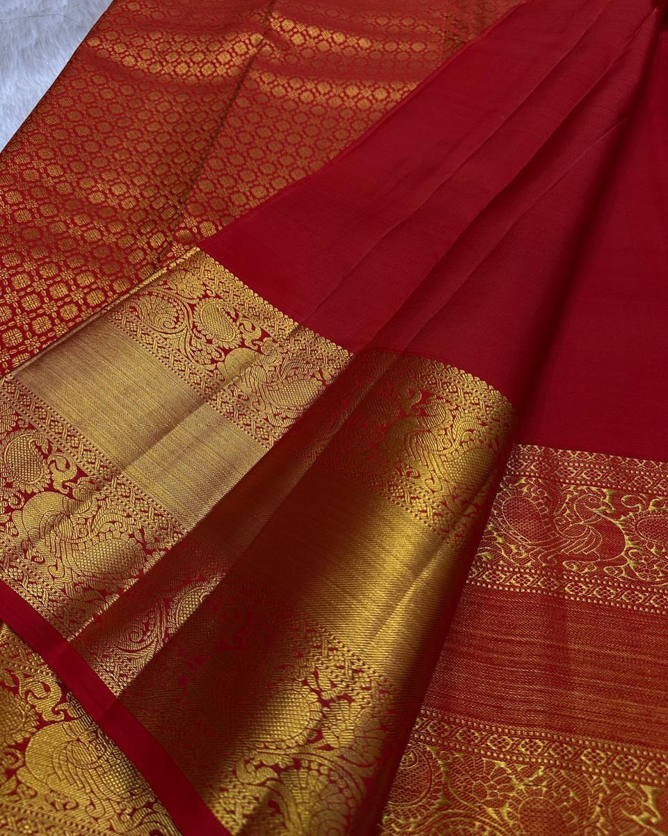 Royal Red Banarasi Silk Saree with Grand Peacock Zari Weaving & Heavy Gold Border | Bridal & Wedding Wear