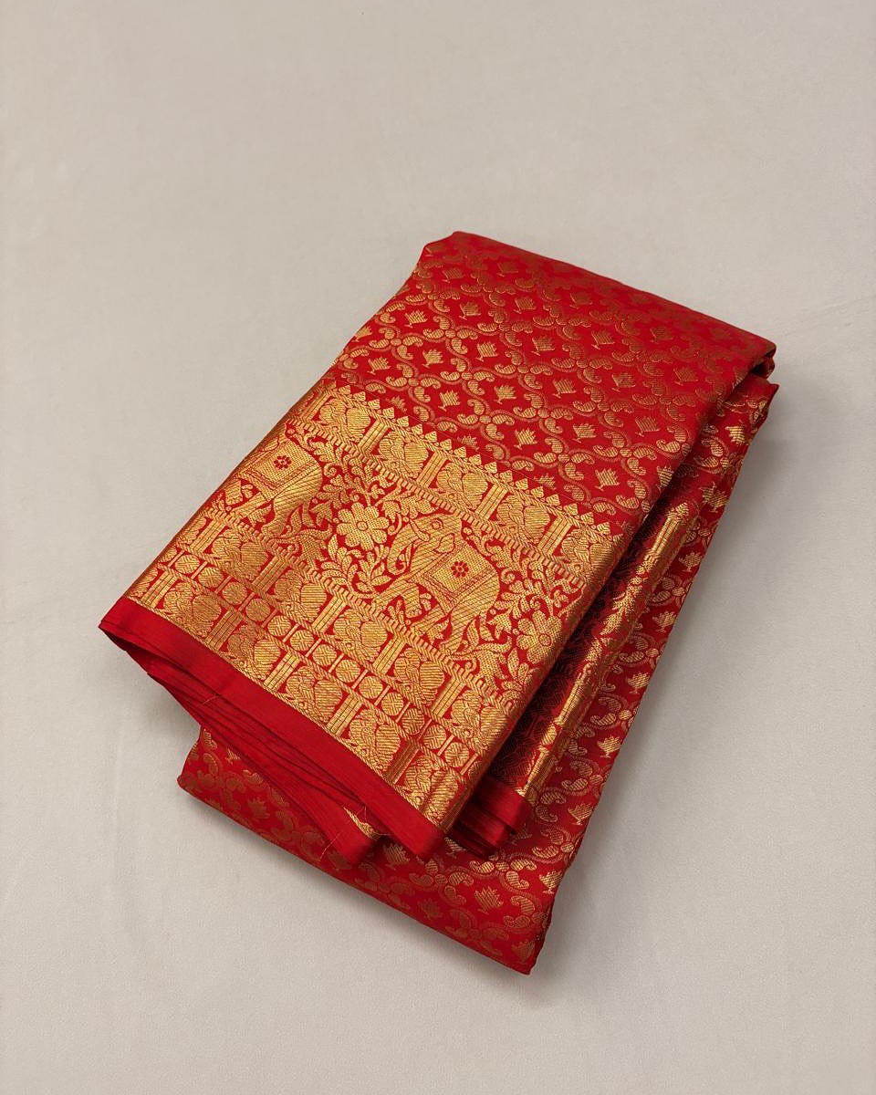 Grand Bridal Red Banarasi Silk Saree with Elephant Zari Border & Paisley Pallu | Premium Wedding Wear
