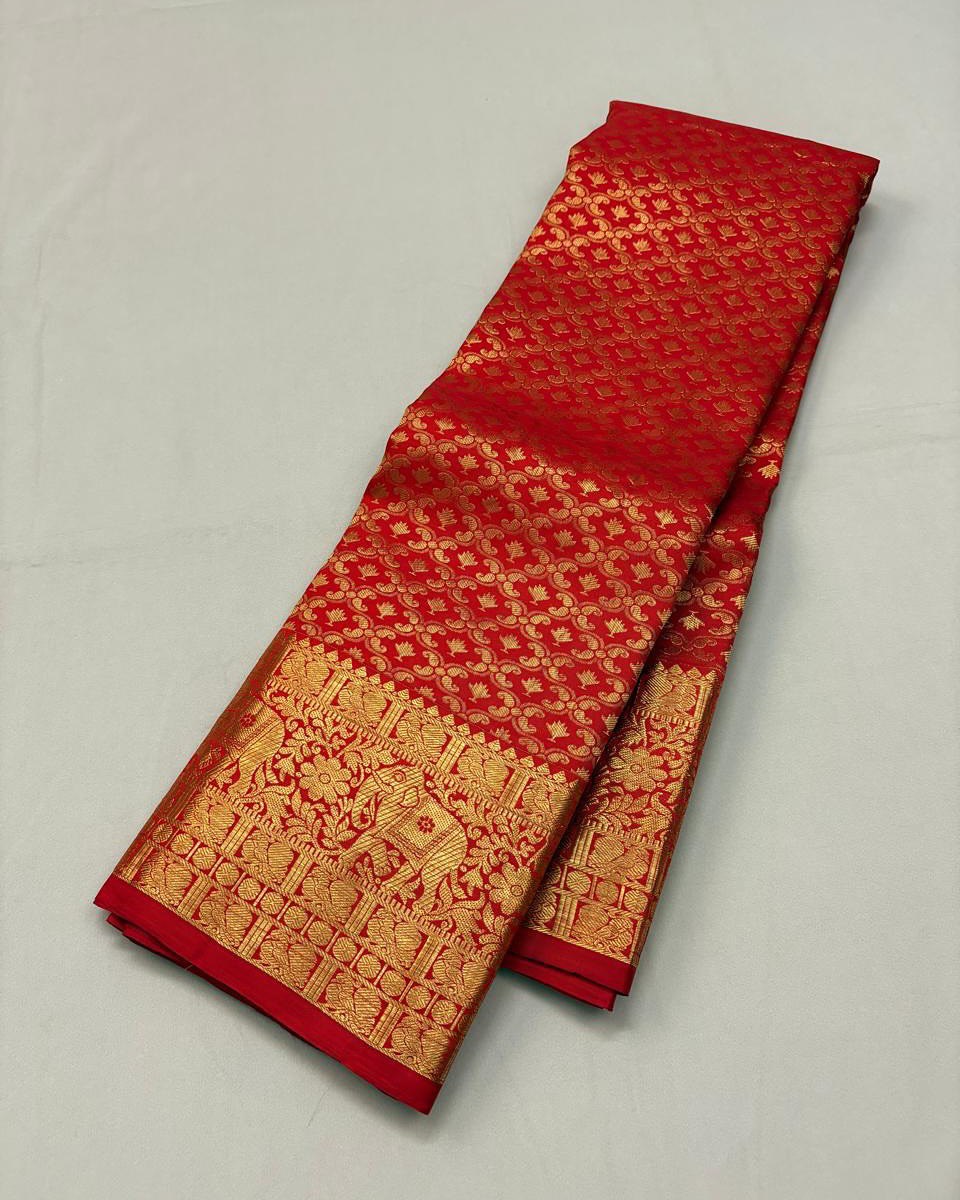 Grand Bridal Red Banarasi Silk Saree with Elephant Zari Border & Paisley Pallu | Premium Wedding Wear