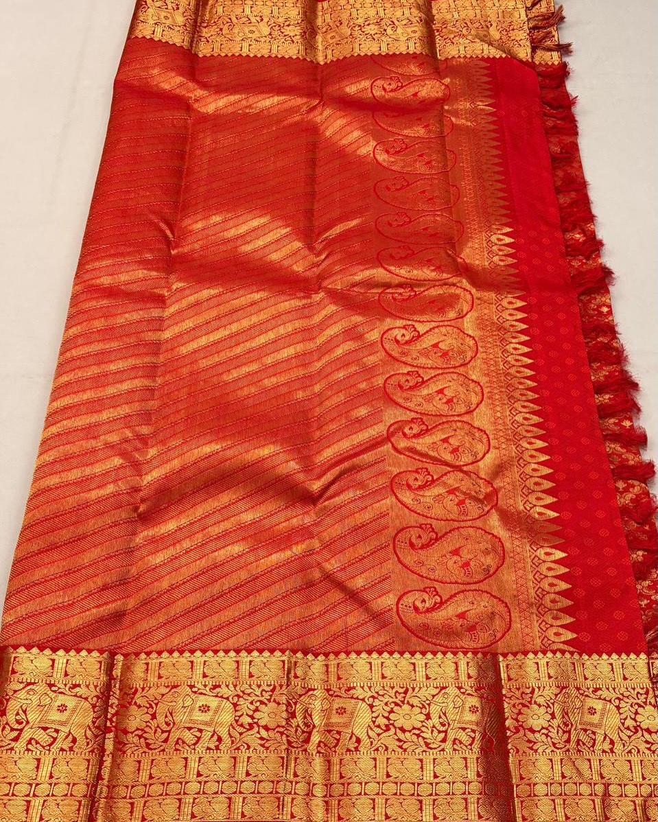 Grand Bridal Red Banarasi Silk Saree with Elephant Zari Border & Paisley Pallu | Premium Wedding Wear