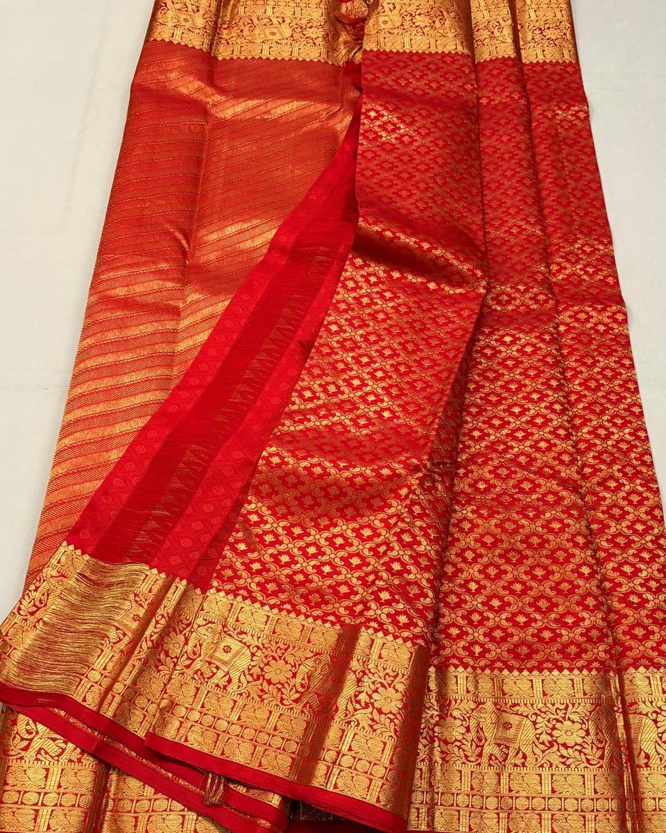 Grand Bridal Red Banarasi Silk Saree with Elephant Zari Border & Paisley Pallu | Premium Wedding Wear