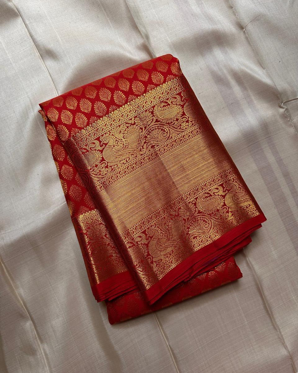 Royal Red Banarasi Silk Saree with All-Over Gold Zari Butti & Grand Peacock Border | Premium Bridal & Wedding Wear
