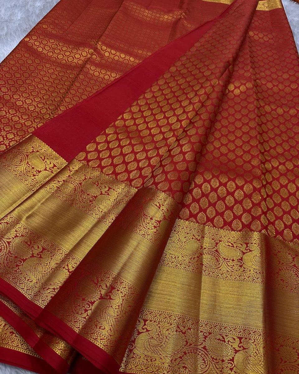 Royal Red Banarasi Silk Saree with All-Over Gold Zari Butti & Grand Peacock Border | Premium Bridal & Wedding Wear