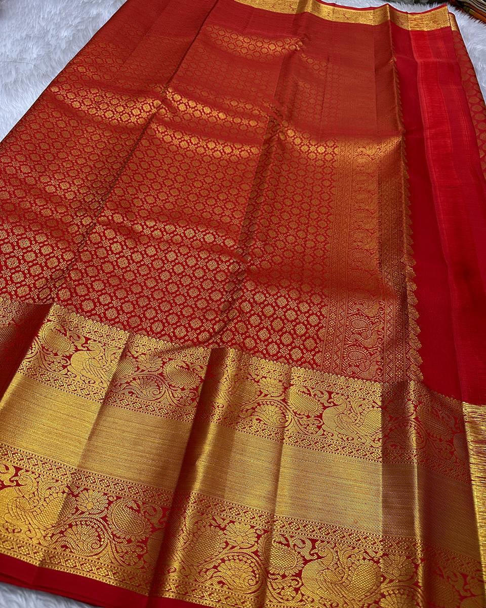 Royal Red Banarasi Silk Saree with All-Over Gold Zari Butti & Grand Peacock Border | Premium Bridal & Wedding Wear