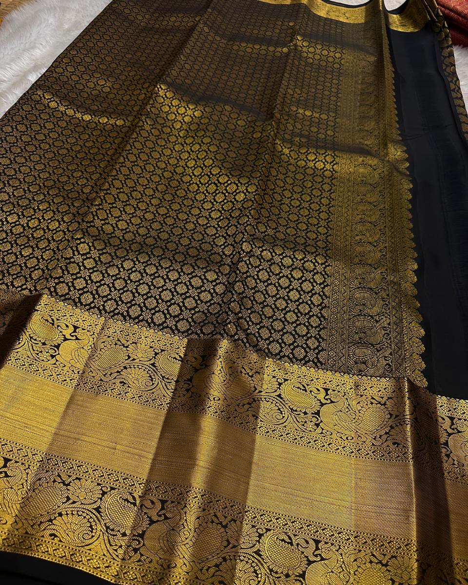 Royal Black Banarasi Silk Saree with All-Over Gold Zari Butti & Grand Peacock Border | Premium Wedding & Festive Wear