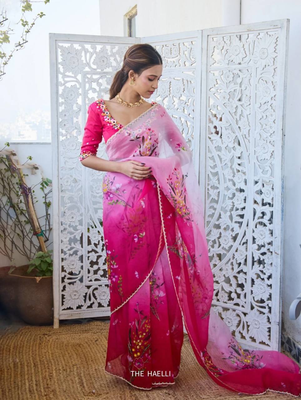 Blush Pink Ombre Organza Saree with Floral Embroidery | Premium Designer Party & Wedding Wear